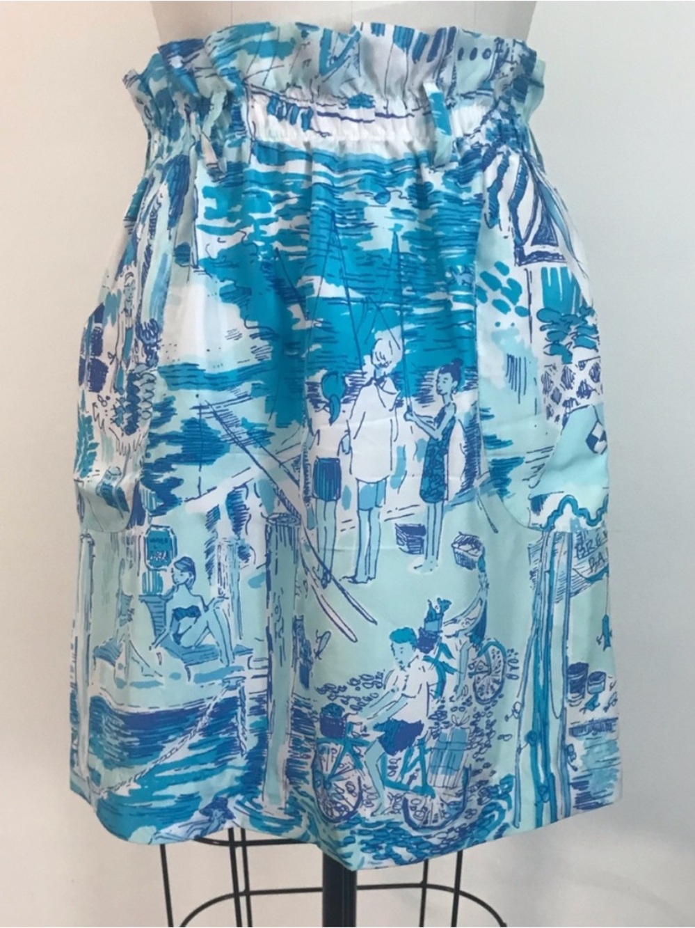 Lilly Pulitzer Fresh Catch Toile 100% Silk Mini Skirt w Paper Bag Waist + Sash